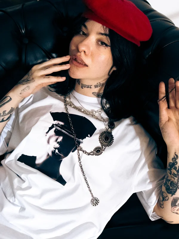 Christy Turlington Baskılı Oversize Unisex Beyaz Tshirt