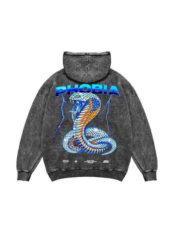 Yıkamalı Siyah Phobia Sırt Baskılı Unisex Oversize Hoodie