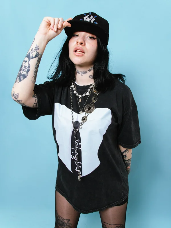 Suit Baskılı Relaxed Fit Yıkamalı Siyah Kadın Tshirt