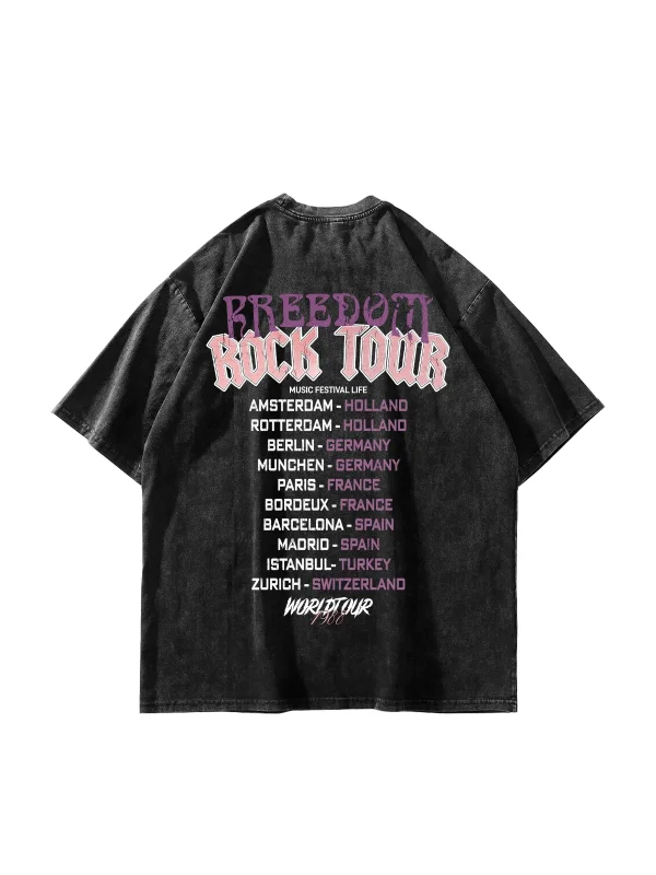 Freedom Rock Tour Baskılı Oversize Unisex Yıkamalı Siyah Tshirt