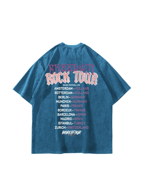 Freedom Rock Tour Baskılı Oversize Unisex Yıkamalı Mavi Tshirt