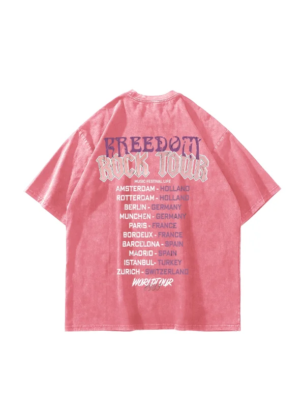 Freedom Rock Tour Baskılı Oversize Unisex Yıkamalı Pembe Tshirt