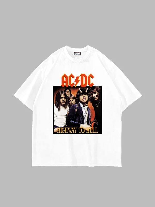 AC/DC Baskılı Oversize Unisex Beyaz Tshirt