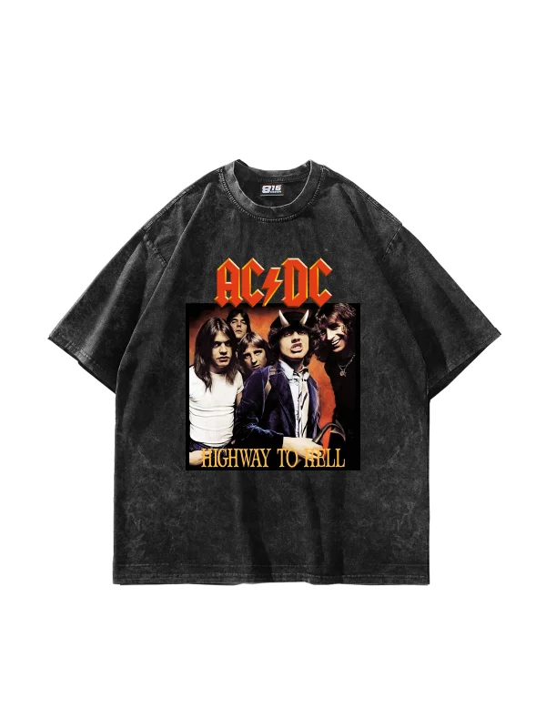 AC/DC Baskılı Oversize Unisex Yıkamalı Siyah Tshirt