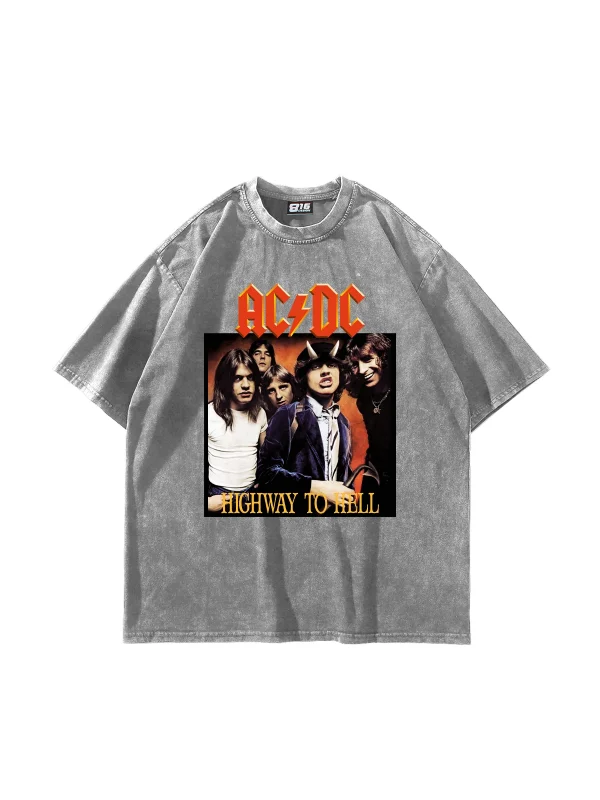 AC/DC Baskılı Oversize Unisex Yıkamalı Beyaz Tshirt
