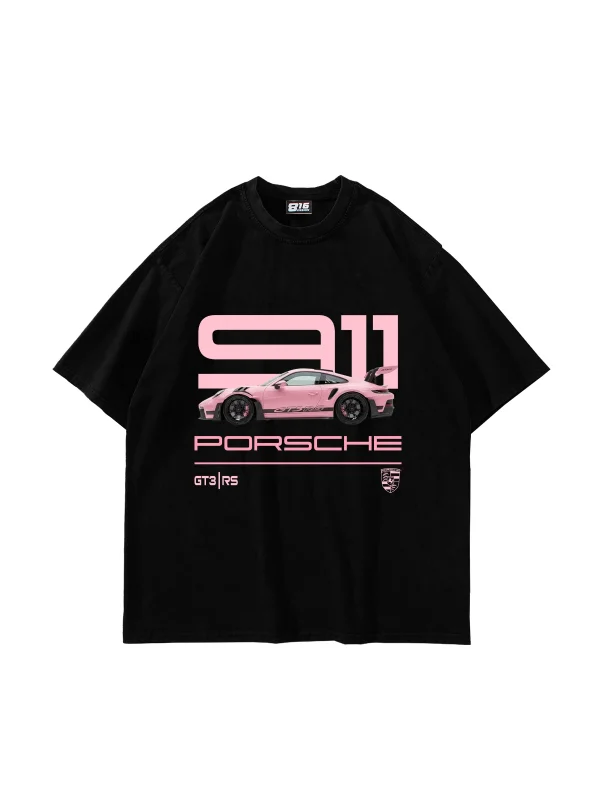 911 Pink Baskılı Oversize Unisex Siyah Tshirt