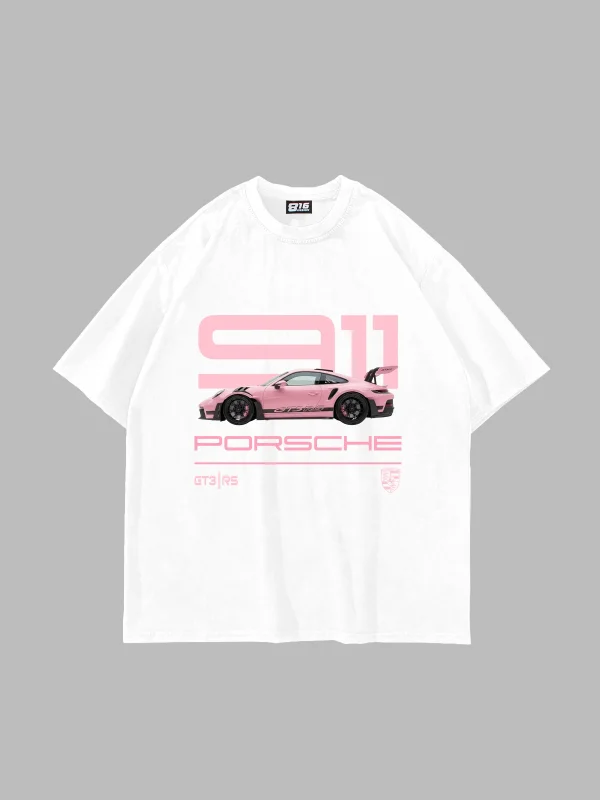 911 Pink Baskılı Oversize Unisex Beyaz Tshirt
