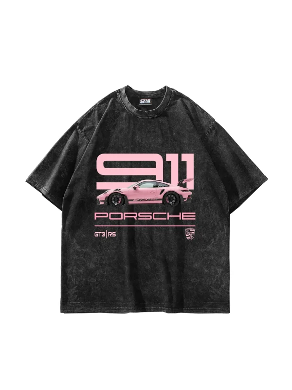 911 Pink Baskılı Oversize Unisex Yıkamalı Siyah Tshirt