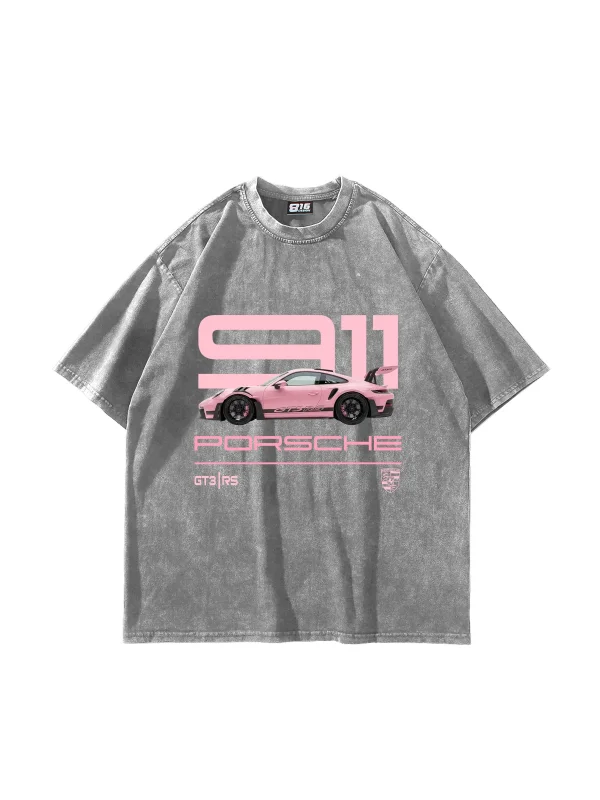 911 Pink Baskılı Oversize Unisex Yıkamalı Beyaz Tshirt