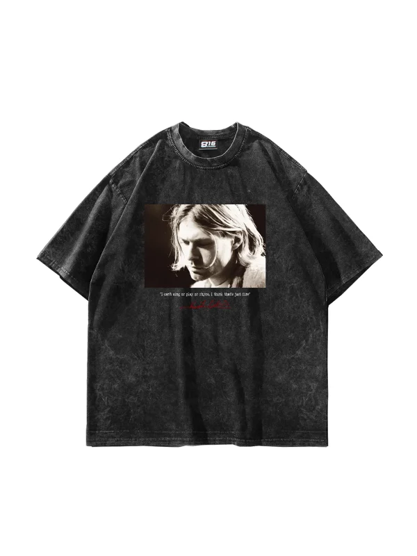 Kurt Cobain Baskılı Oversize Unisex Yıkamalı Siyah Tshirt