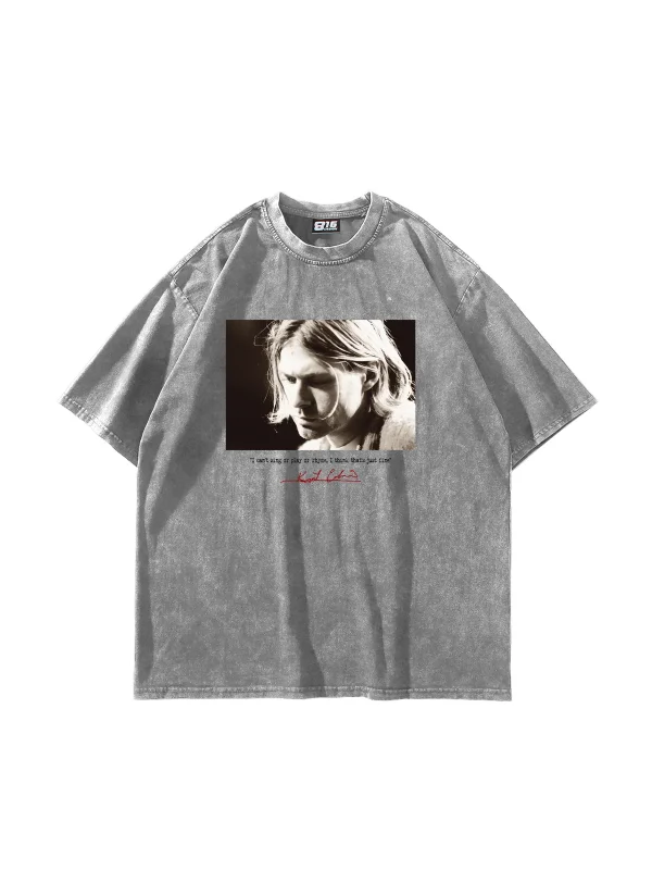 Kurt Cobain Baskılı Oversize Unisex Yıkamalı Beyaz Tshirt