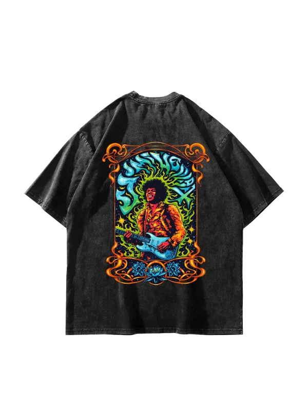 Jimi Hendrix Baskılı Oversize Unisex Yıkamalı Siyah Tshirt