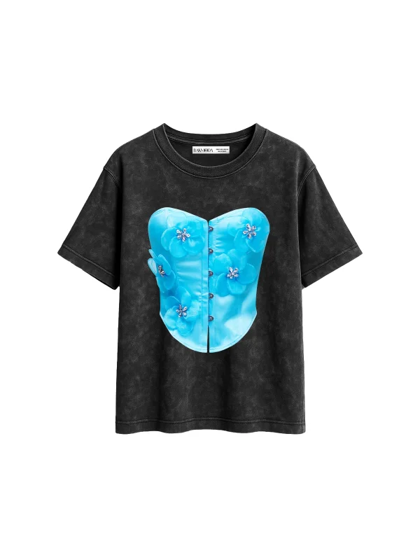 Blue Top Baskılı Relaxed Fit Yıkamalı Siyah Kadın Tshirt