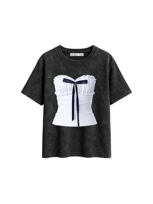 Ribbon Top Baskılı Relaxed Fit Yıkamalı Siyah Kadın Tshirt