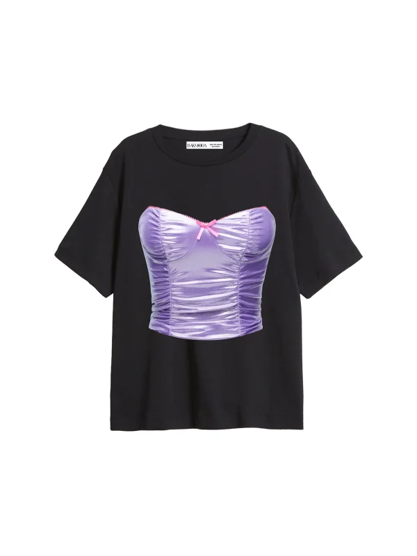 Purple Top Baskılı Relaxed Fit Siyah Kadın Tshirt