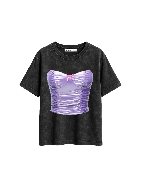 Purple Top Baskılı Relaxed Fit Yıkamalı Siyah Kadın Tshirt