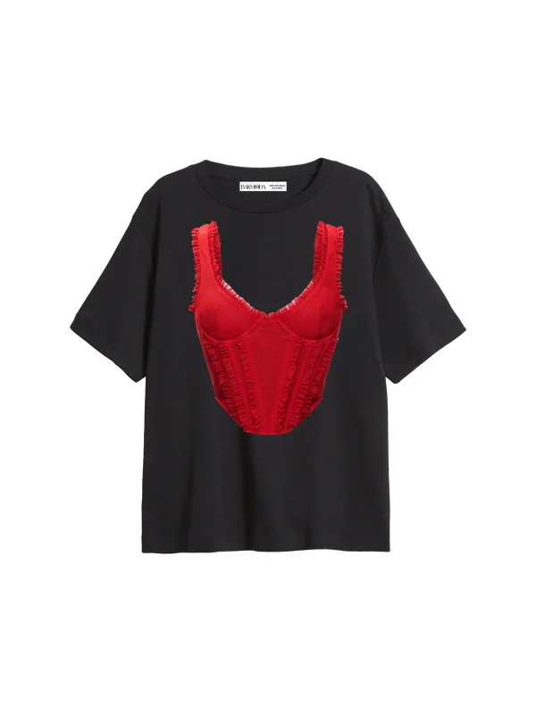 Pleated Red Corset Baskılı Relaxed Fit Siyah Kadın Tshirt