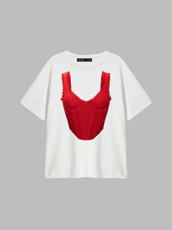 Pleated Red Corset Baskılı Relaxed Fit Beyaz Kadın Tshirt