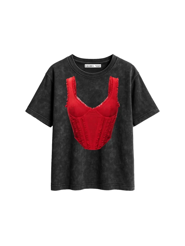 Pleated Red Corset Baskılı Relaxed Fit Yıkamalı Siyah Kadın Tshirt