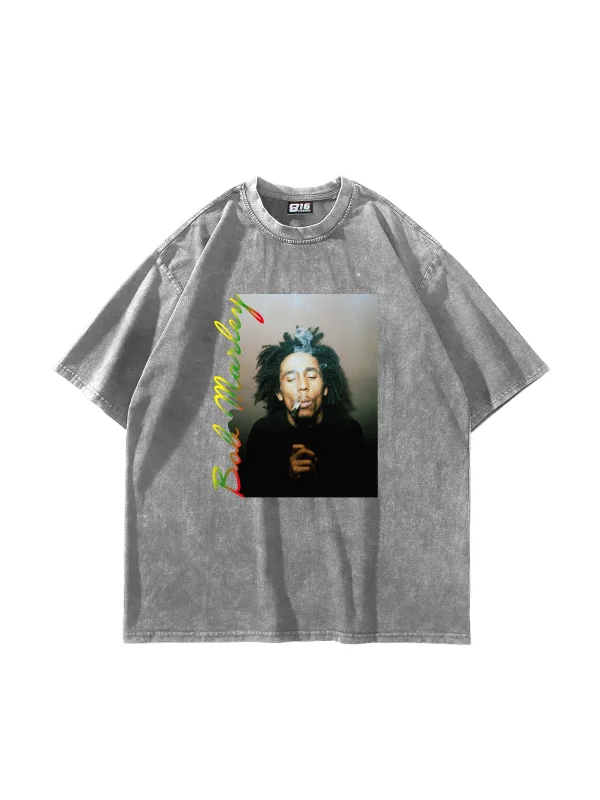 Bob Marley Baskılı Oversize Unisex Yıkamalı Beyaz Tshirt