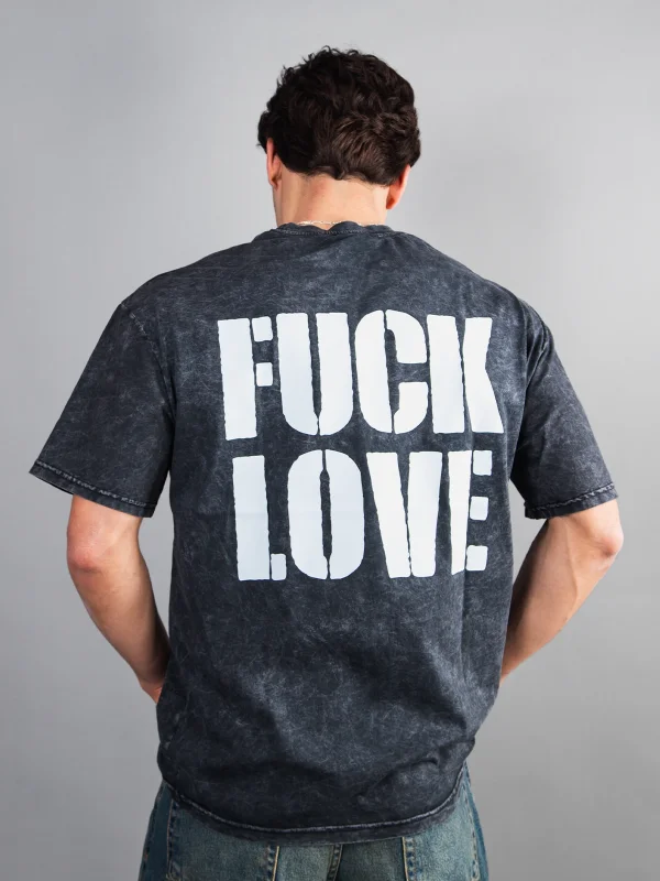 F*ck Love Baskılı Oversize Unisex Yıkamalı Siyah Tshirt