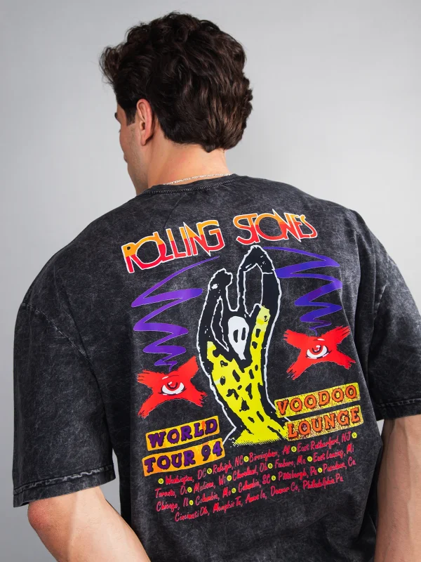 Rolling Stones Voodo Lounge Baskılı Oversize Unisex Yıkamalı Siyah Tshirt
