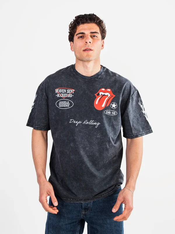Deep Rolling Baskılı Oversize Unisex Yıkamalı Siyah Tshirt
