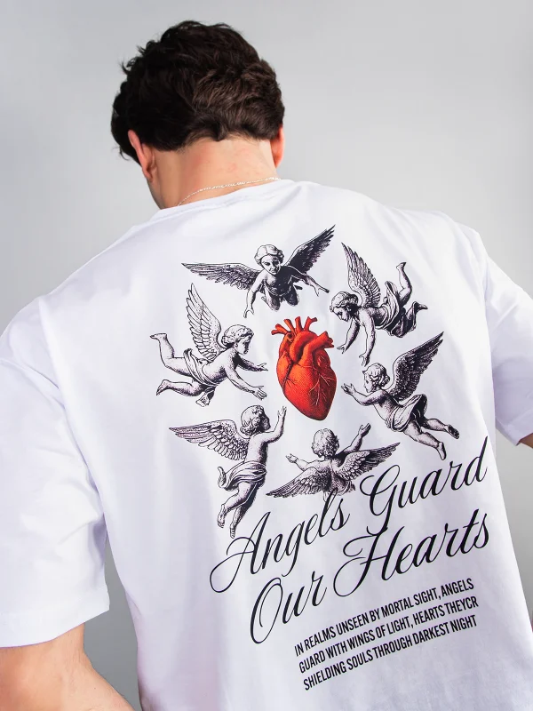 Angels Guard Our Hearts Baskılı Oversize Unisex Beyaz Tshirt