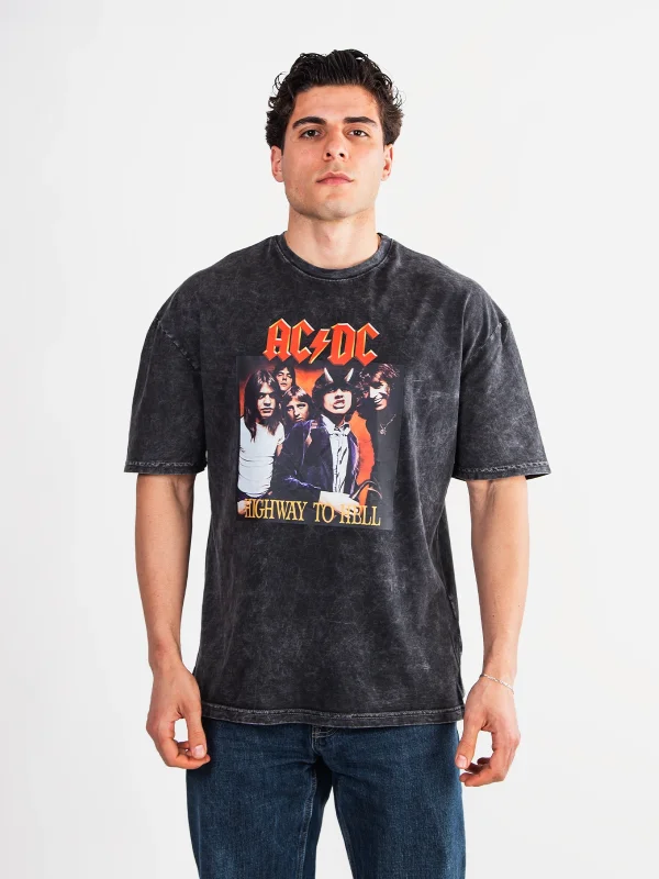AC/DC Baskılı Oversize Unisex Yıkamalı Siyah Tshirt