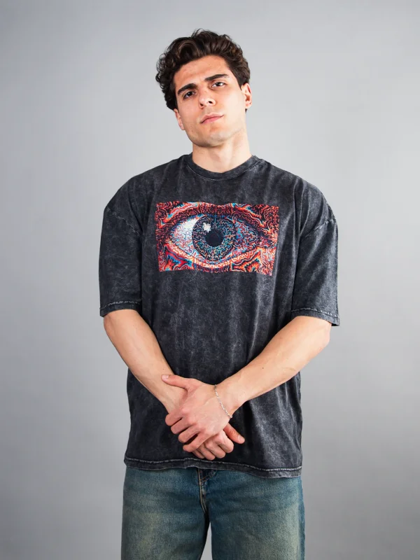 Eye Hallucination Baskılı Oversize Unisex Yıkamalı Siyah Tshirt