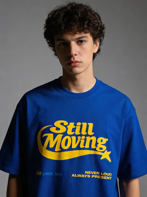 Still Moving Baskılı Oversize Unisex Mavi Tshirt