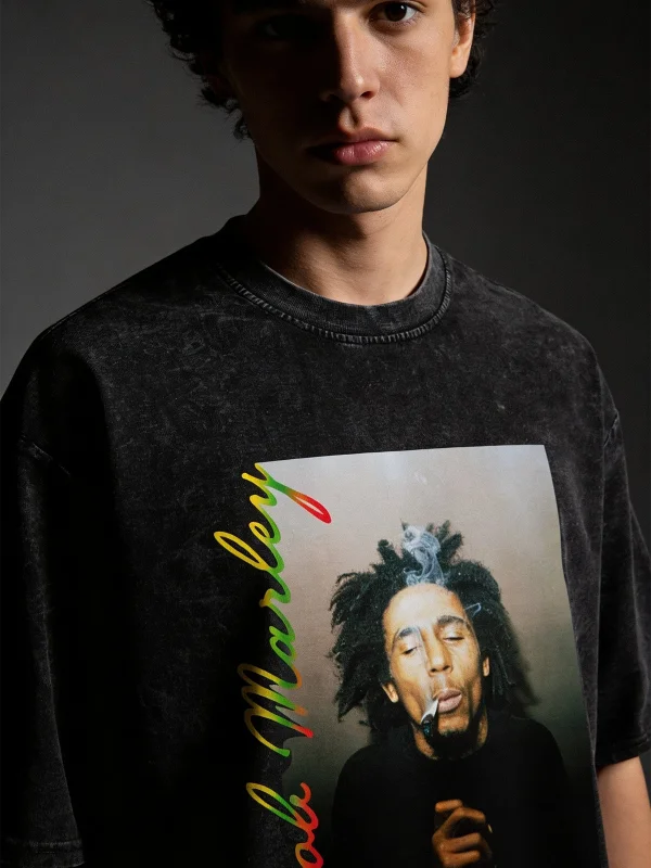 Bob Marley Baskılı Oversize Unisex Yıkamalı Siyah Tshirt