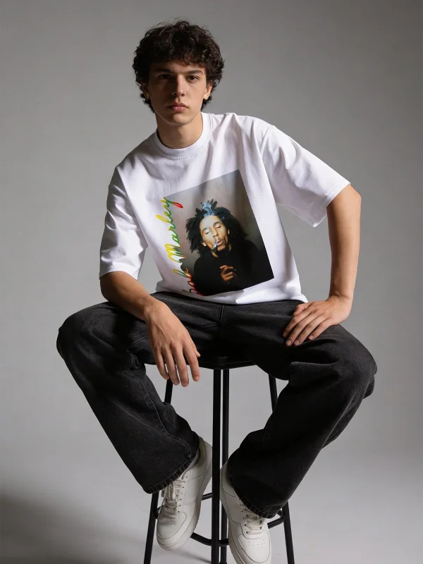 Bob Marley Baskılı Oversize Unisex Beyaz Tshirt