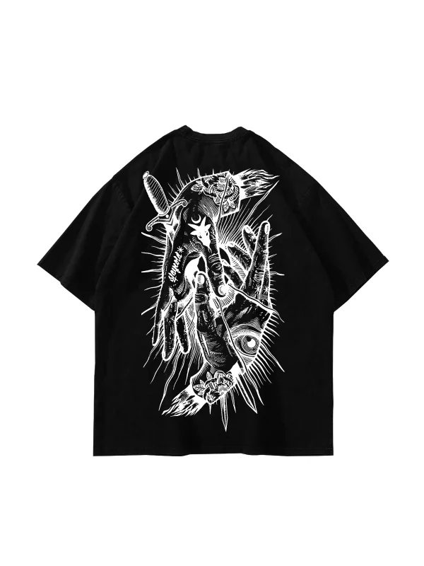 Tattoo Hands Baskılı Oversize Unisex Siyah Tshirt