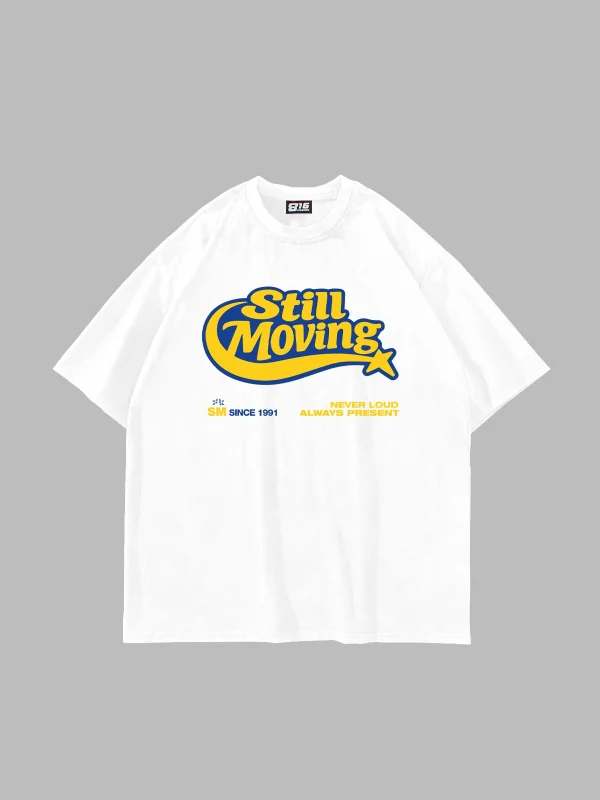 Still Moving Baskılı Oversize Unisex Beyaz Tshirt