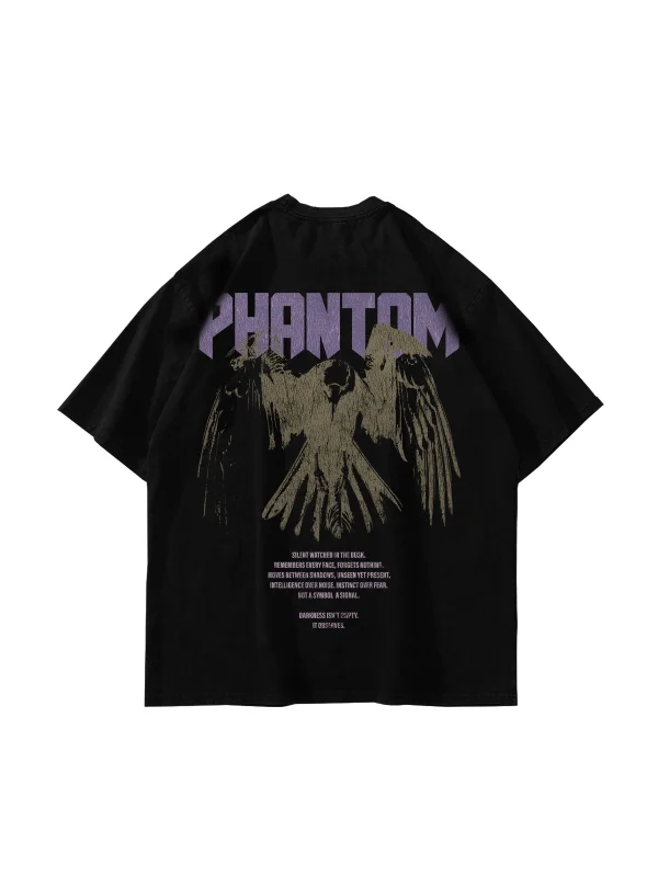 Phantom Crow Baskılı Oversize Unisex Siyah Tshirt
