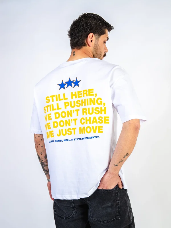 Still Moving Baskılı Oversize Unisex Beyaz Tshirt