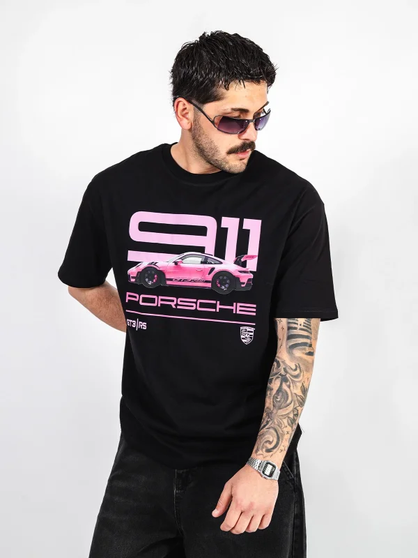 911 Pink Baskılı Oversize Unisex Siyah Tshirt