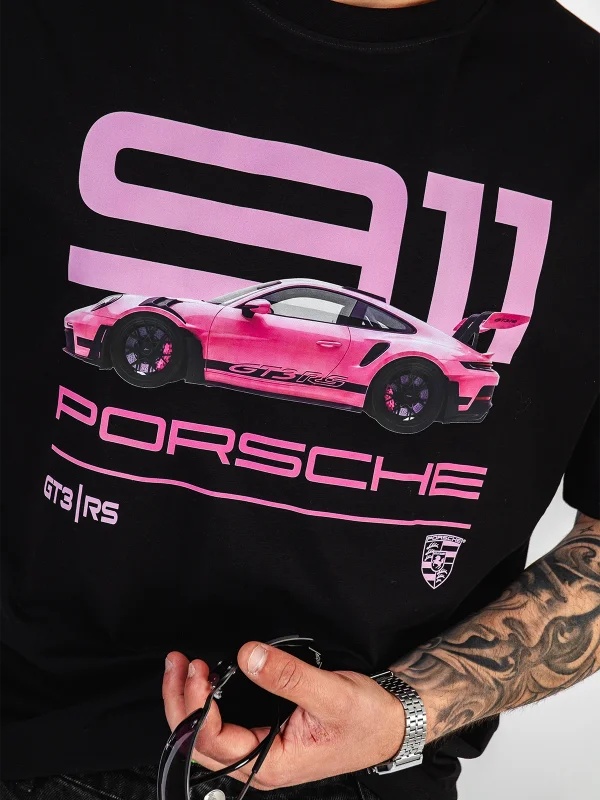 911 Pink Baskılı Oversize Unisex Siyah Tshirt