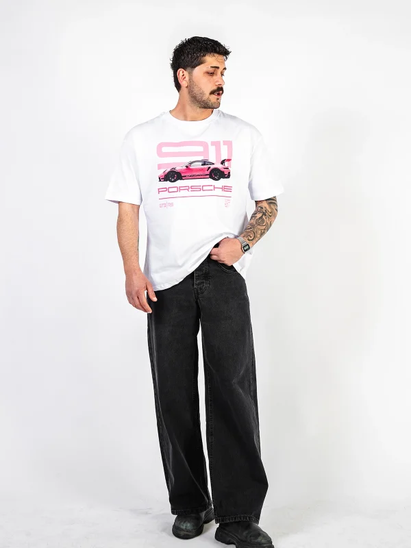 911 Pink Baskılı Oversize Unisex Beyaz Tshirt