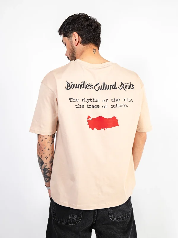 Cultural Roots Baskılı Oversize Unisex Bej Tshirt