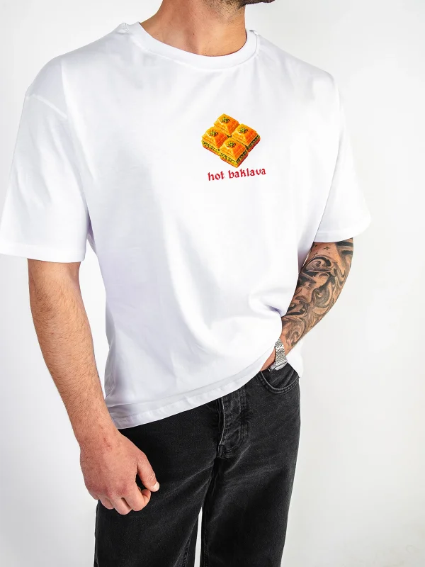 Hot Baklava Baskılı Oversize Unisex Beyaz Tshirt
