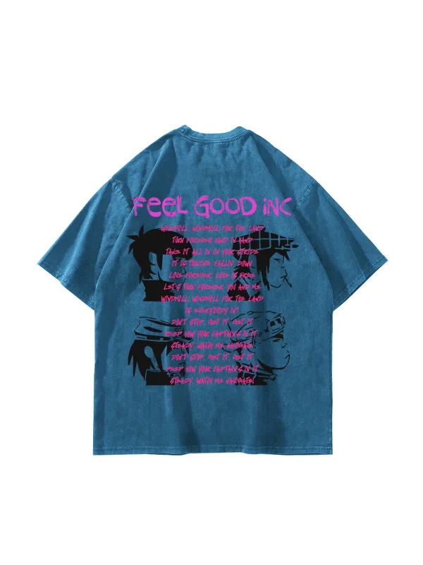 Feel Good Inc Baskılı Oversize Unisex Yıkamalı Mavi Tshirt