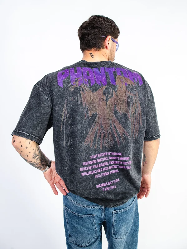 Phantom Crow Baskılı Oversize Unisex Yıkamalı Siyah Tshirt