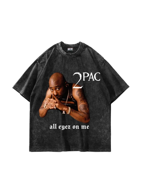 2pac Baskılı Oversize Unisex Yıkamalı Siyah Tshirt