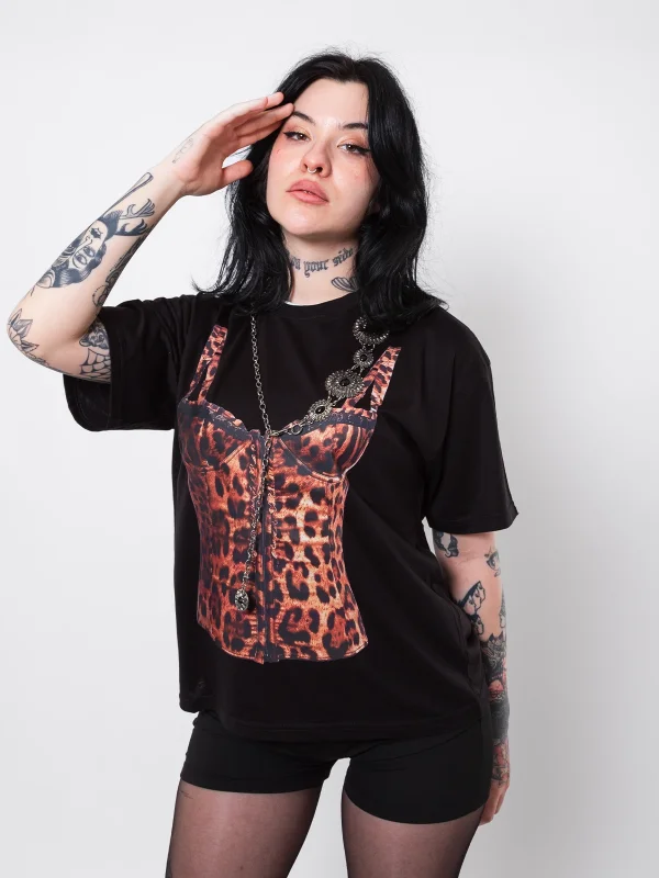 Leo Top Baskılı Relaxed Fit Siyah Kadın Tshirt