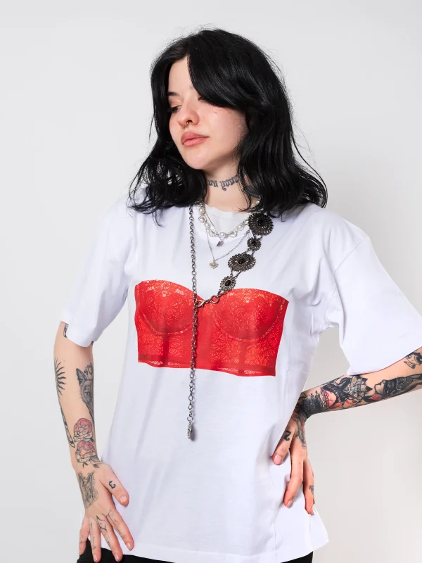 Lace Red Baskılı Relaxed Fit Beyaz Kadın Tshirt