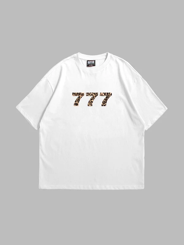 777 Leopar Baskılı Oversize Unisex Beyaz Tshirt