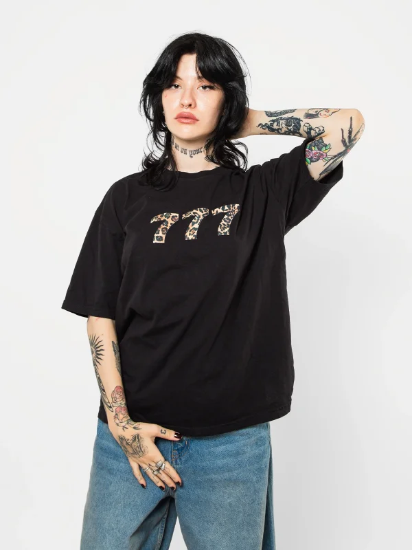 777 Leopar Baskılı Oversize Unisex Premium Siyah Tshirt