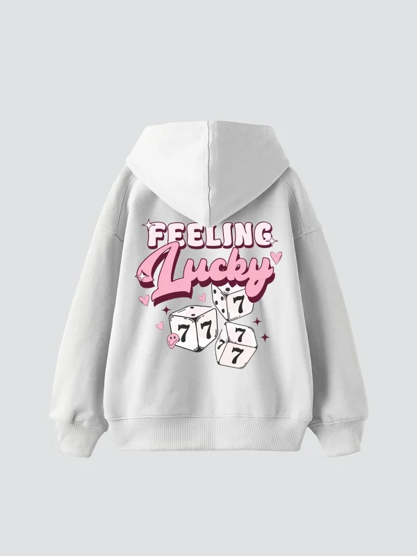 777 Lucky Baskılı Oversize Unisex Beyaz Hoodie